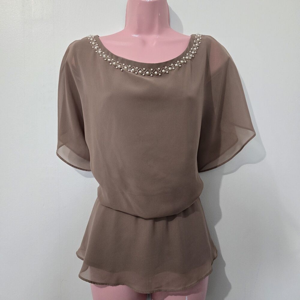 J.R Nites New York - Size 12 - Blouse - Peplum Chiffon Pearl Collar - Beige